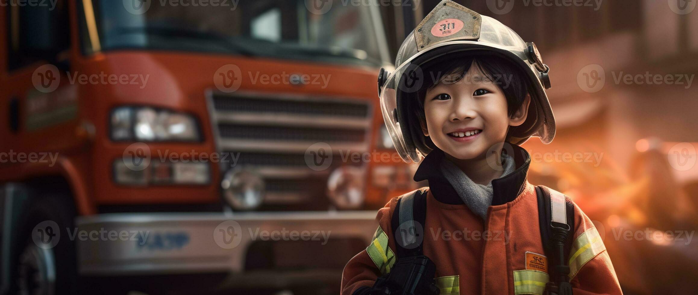 Portrait of happy asian boy wearing firefighter uniform with fire truck in background AI generated photo