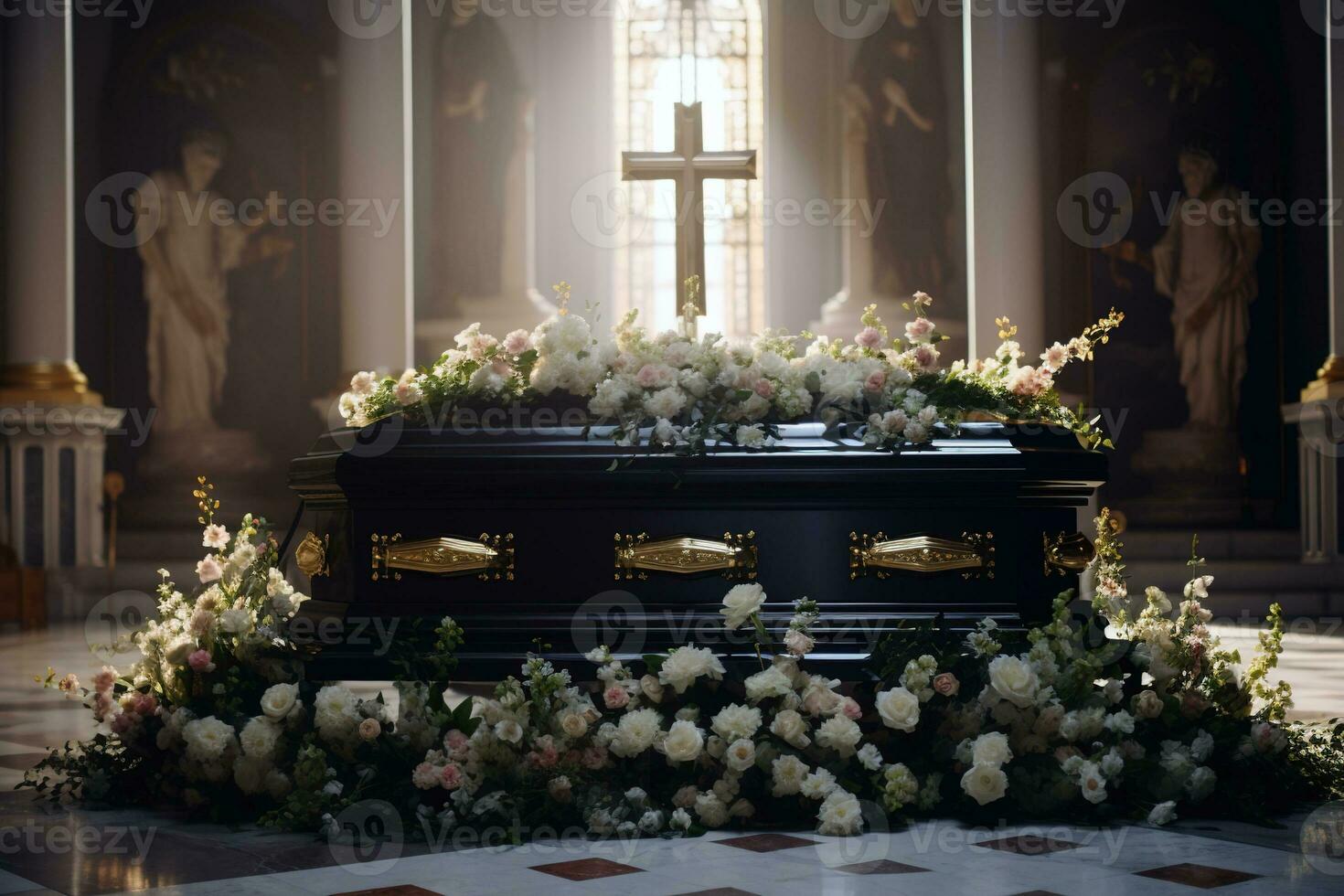closeup shot of a casket in a hearse or chapel before funeral or burial at cemetery AI generated photo