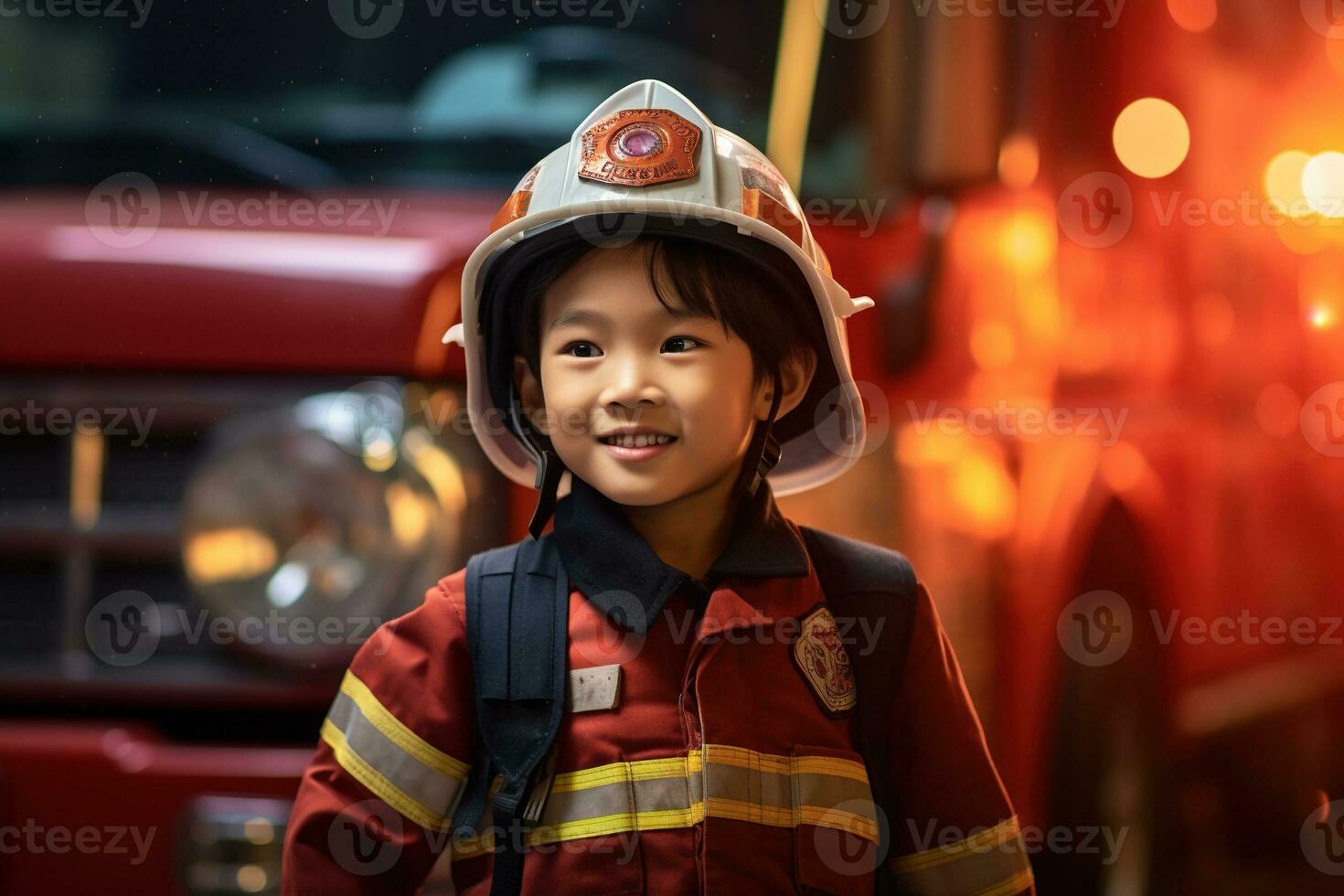 Portrait of cute little boy wearing firefighter uniform in the fire department AI generated photo