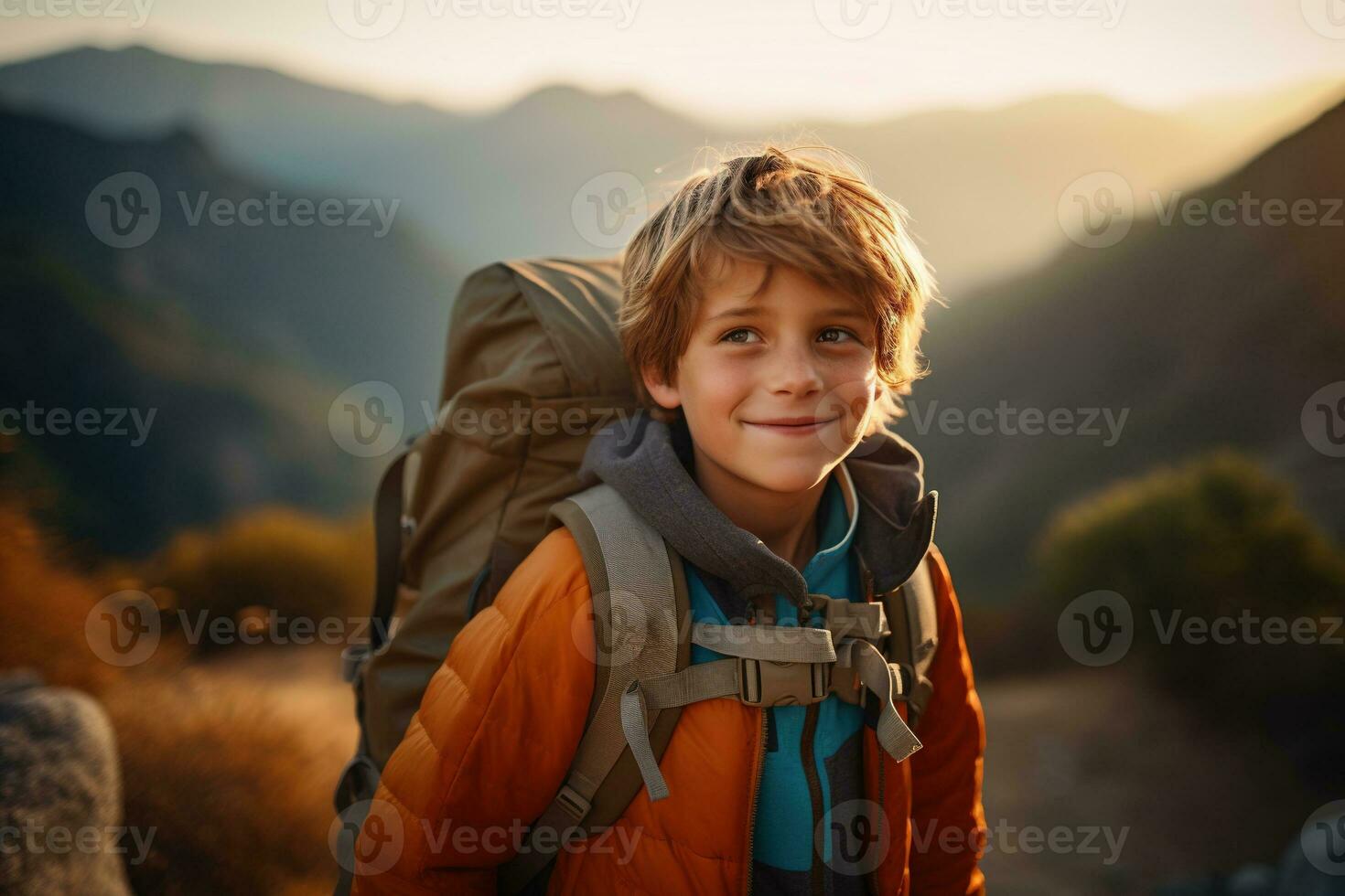 adorable pequeño chico con mochila excursionismo en montañas a puesta de sol. viaje y activo estilo de vida concepto ai generado foto