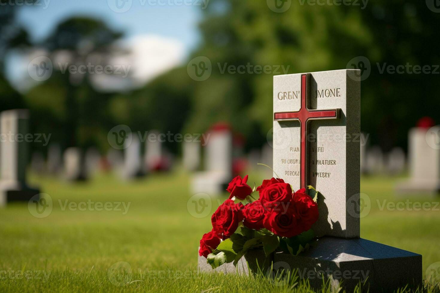 Red roses on a grave at a cemetery during the sunset with copy space AI generated photo