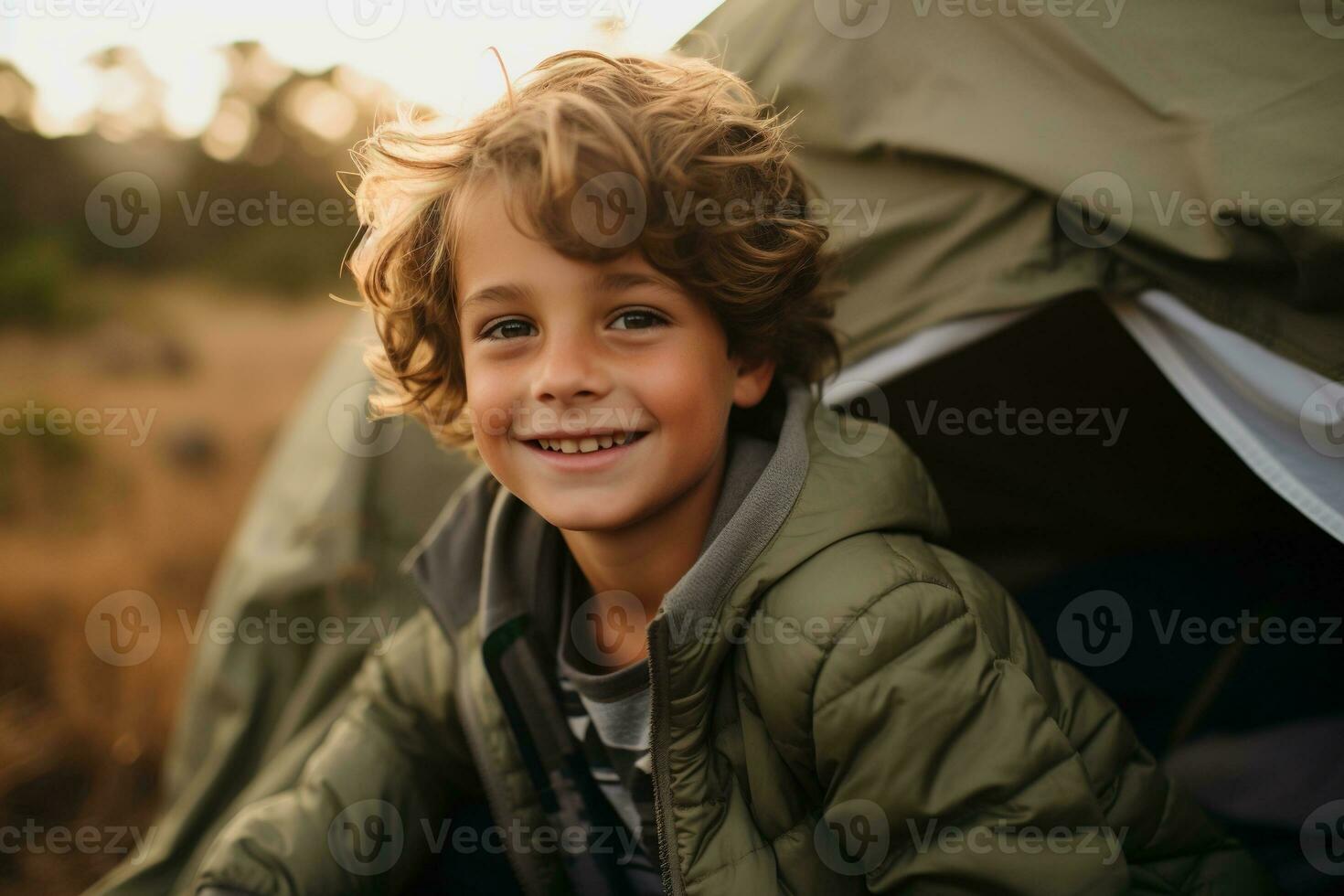 Portrait of a cute boy looking at camera while near his tent in nature AI generated photo