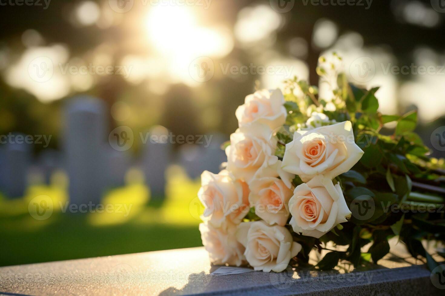 white flowers in front of a gravestone at a cemetery with sunset.Funeral Concept AI generated photo