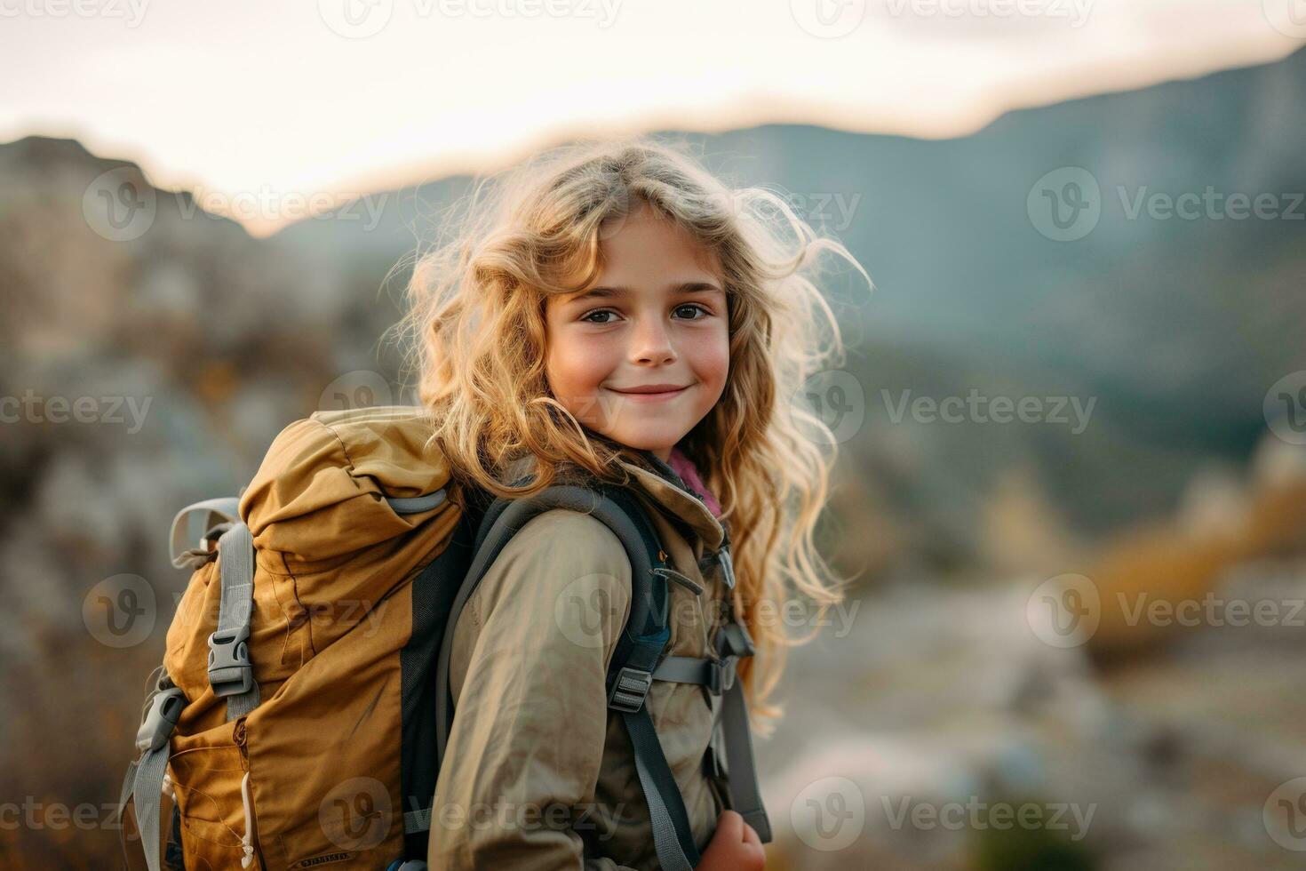 little girl with backpack hiking on mountain peak at sunset, travel and adventure concept AI generated photo