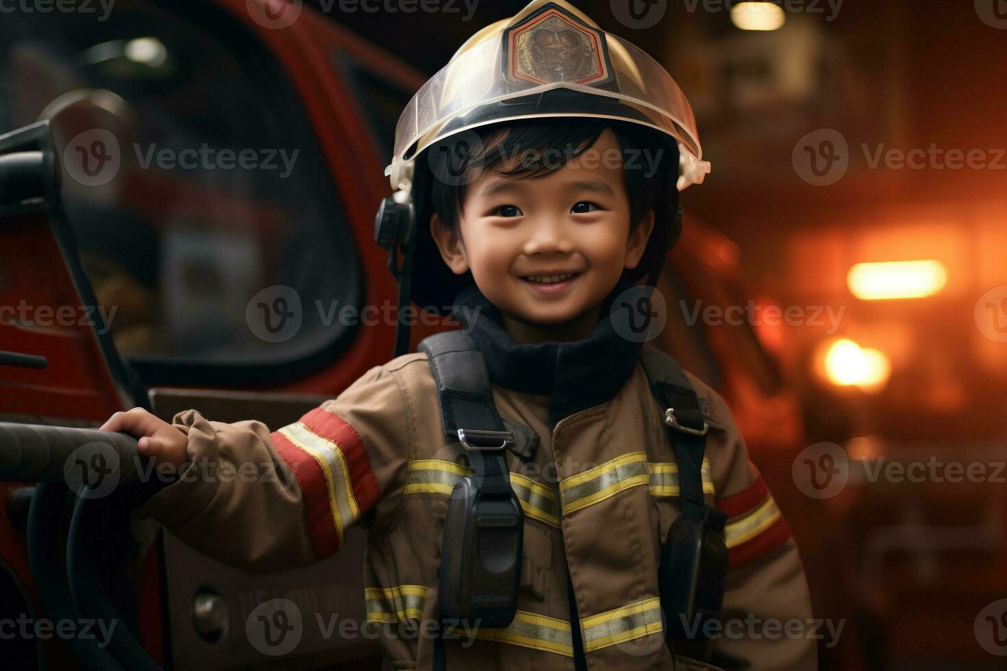 Portrait of cute little boy wearing firefighter uniform in the fire department AI generated photo