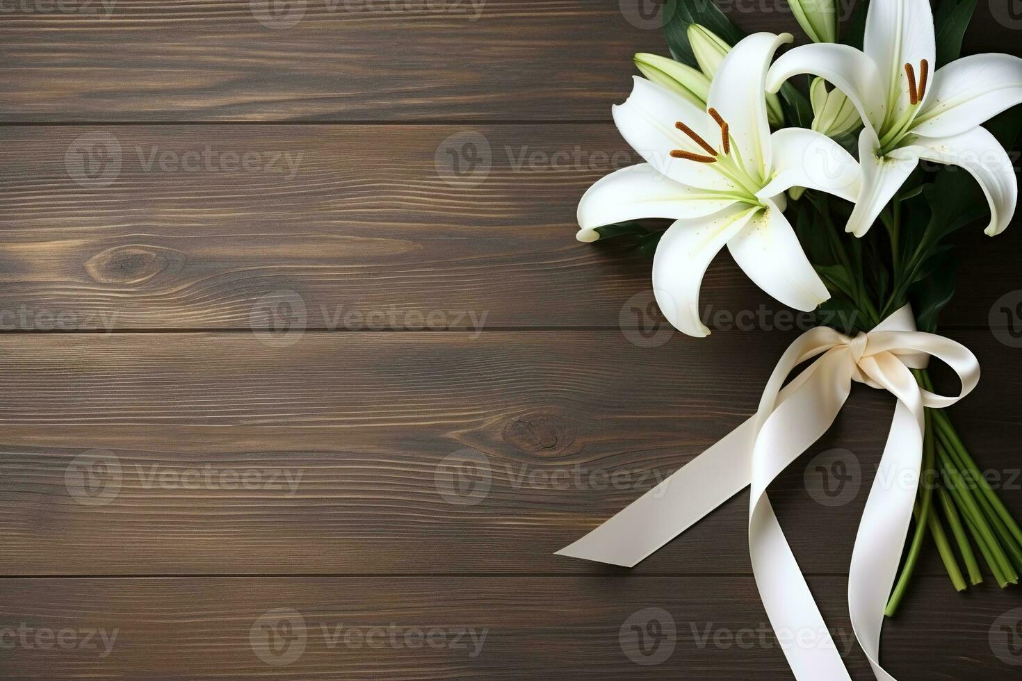 White lily flowers on wooden background. Top view with copy space.Funeral Concept AI generated photo