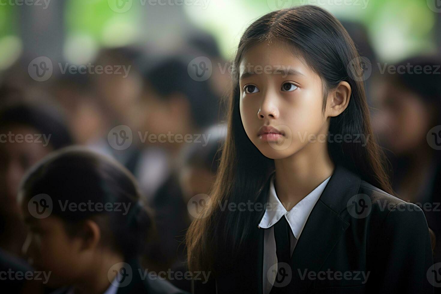 Portrait of a little asian girl with in the cemetery,Funeral Concept AI generated photo