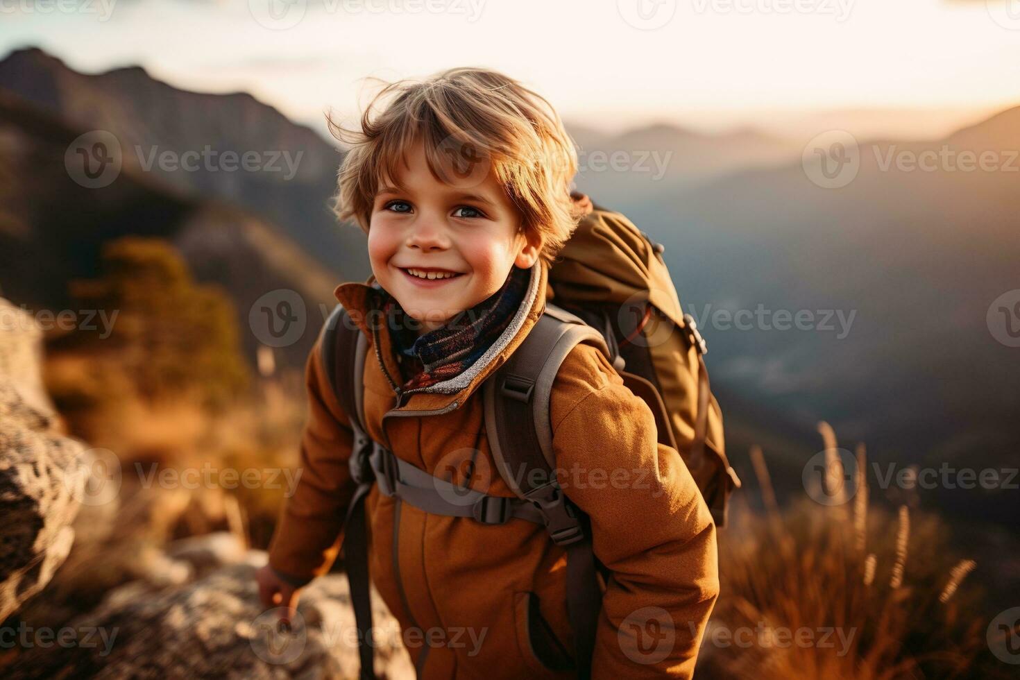 Adorable little boy with backpack hiking in mountains at sunset. Travel and active lifestyle concept AI generated photo