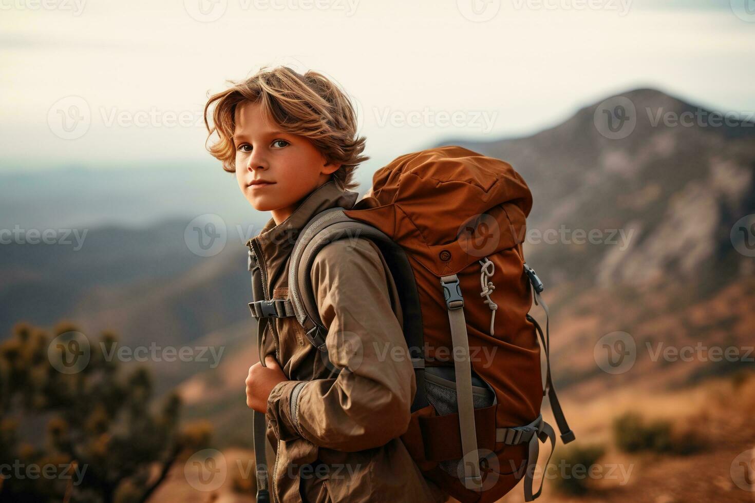 adorable pequeño chico con mochila excursionismo en montañas a puesta de sol. viaje y activo estilo de vida concepto ai generado foto