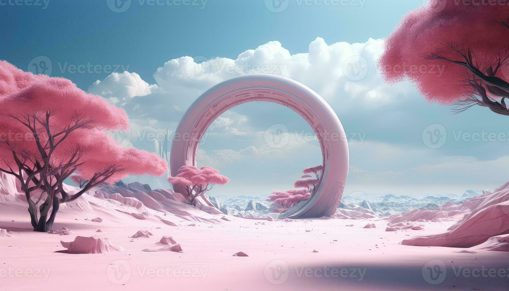 Translucent Waters and Circular Beauty with Pink Clouds and Trees AI generated photo