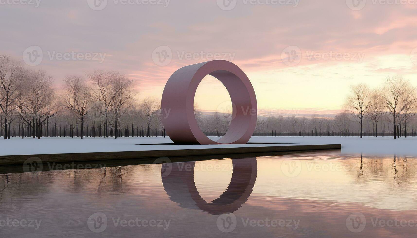 Translucent Waters and Circular Beauty with Pink Clouds and Trees AI generated photo