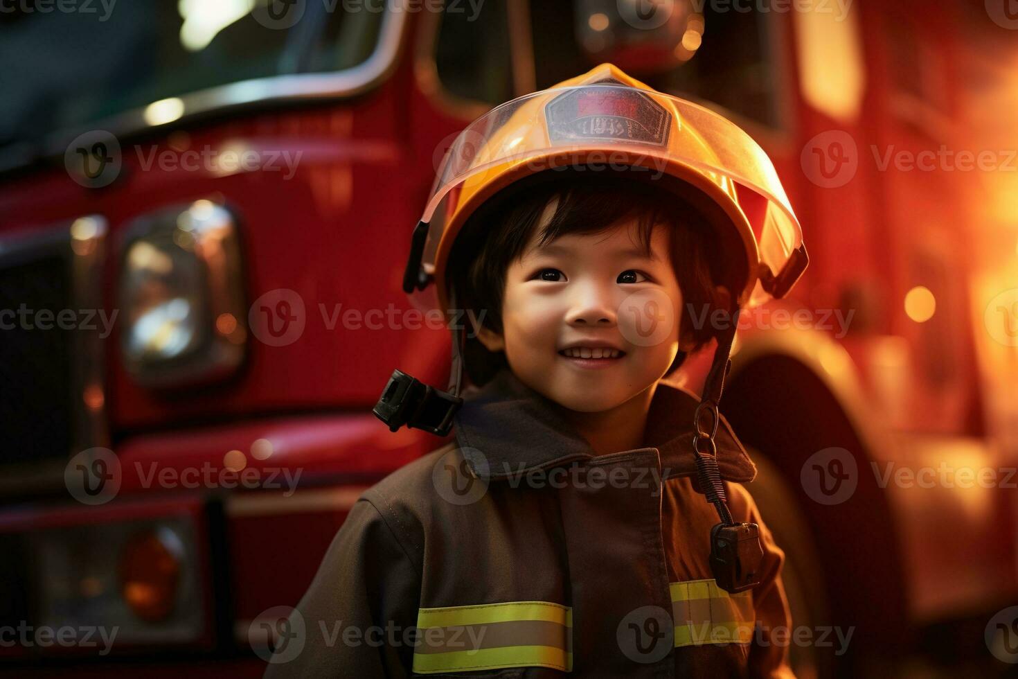 Portrait of cute little boy wearing firefighter uniform in the fire department AI generated photo