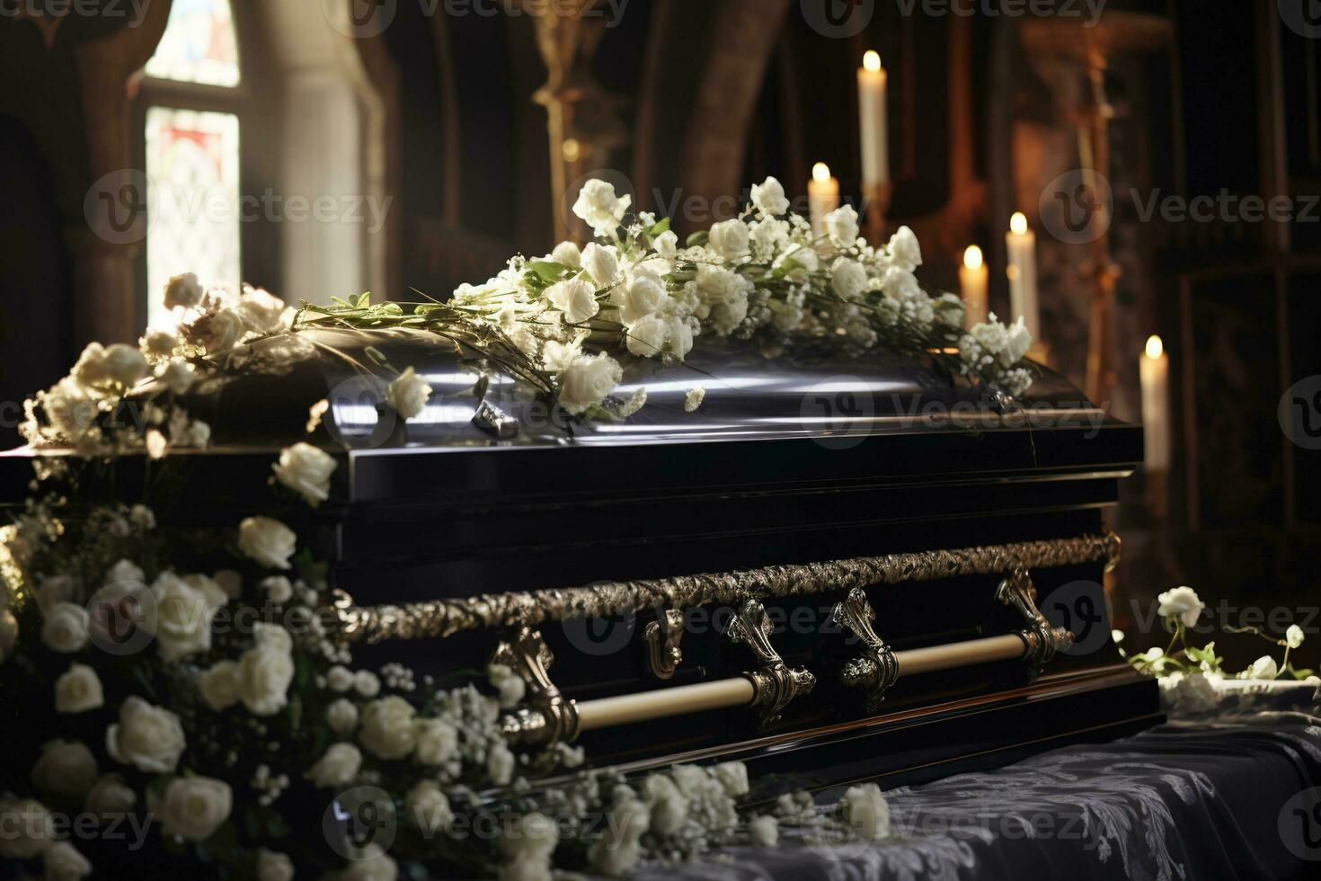 closeup shot of a casket in a hearse or chapel before funeral or burial at cemetery AI generated photo