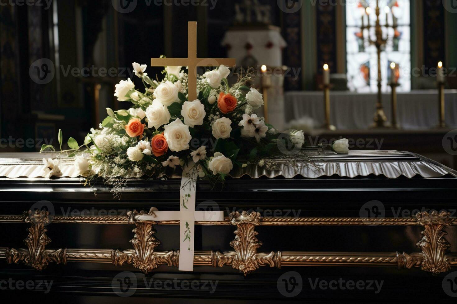 closeup shot of a casket in a hearse or chapel before funeral or burial at cemetery AI generated photo