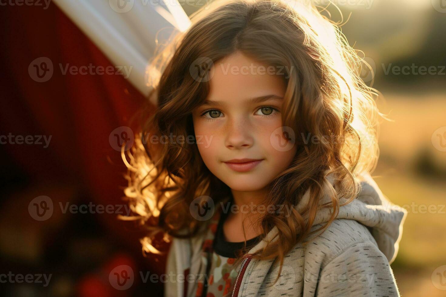 Portrait of cute little girl at camera while standing near camping tent at sunset AI generated photo