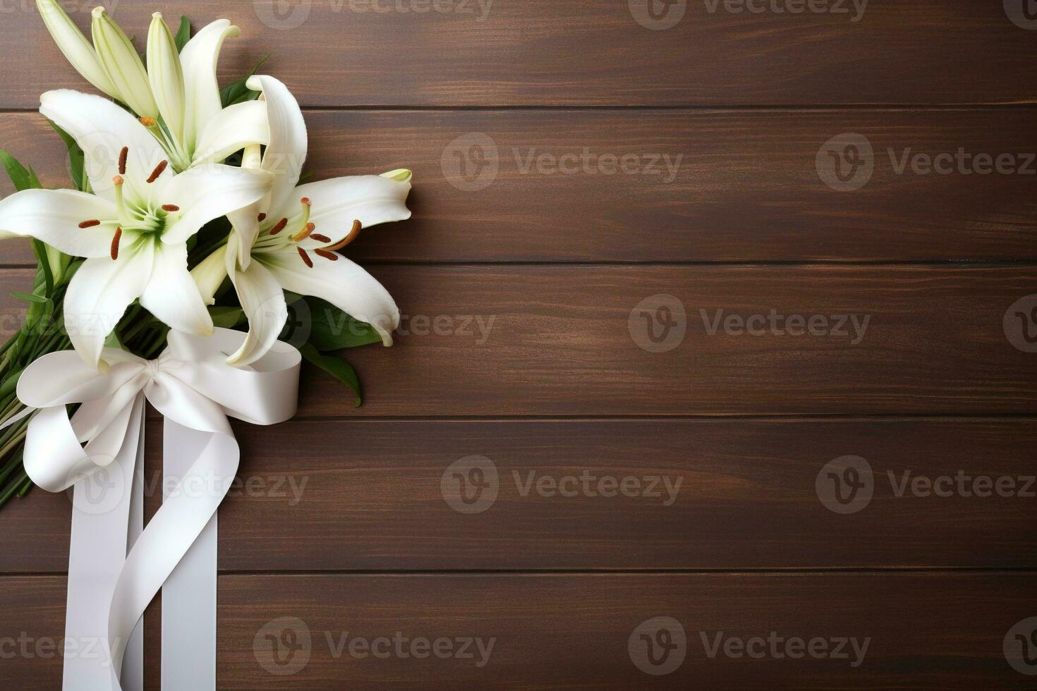 White lily flowers on wooden background. Top view with copy space.Funeral Concept AI generated photo