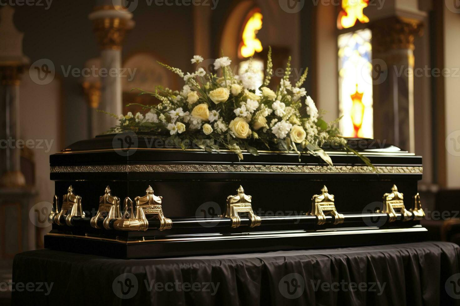 closeup shot of a casket in a hearse or chapel before funeral or burial at cemetery AI generated photo