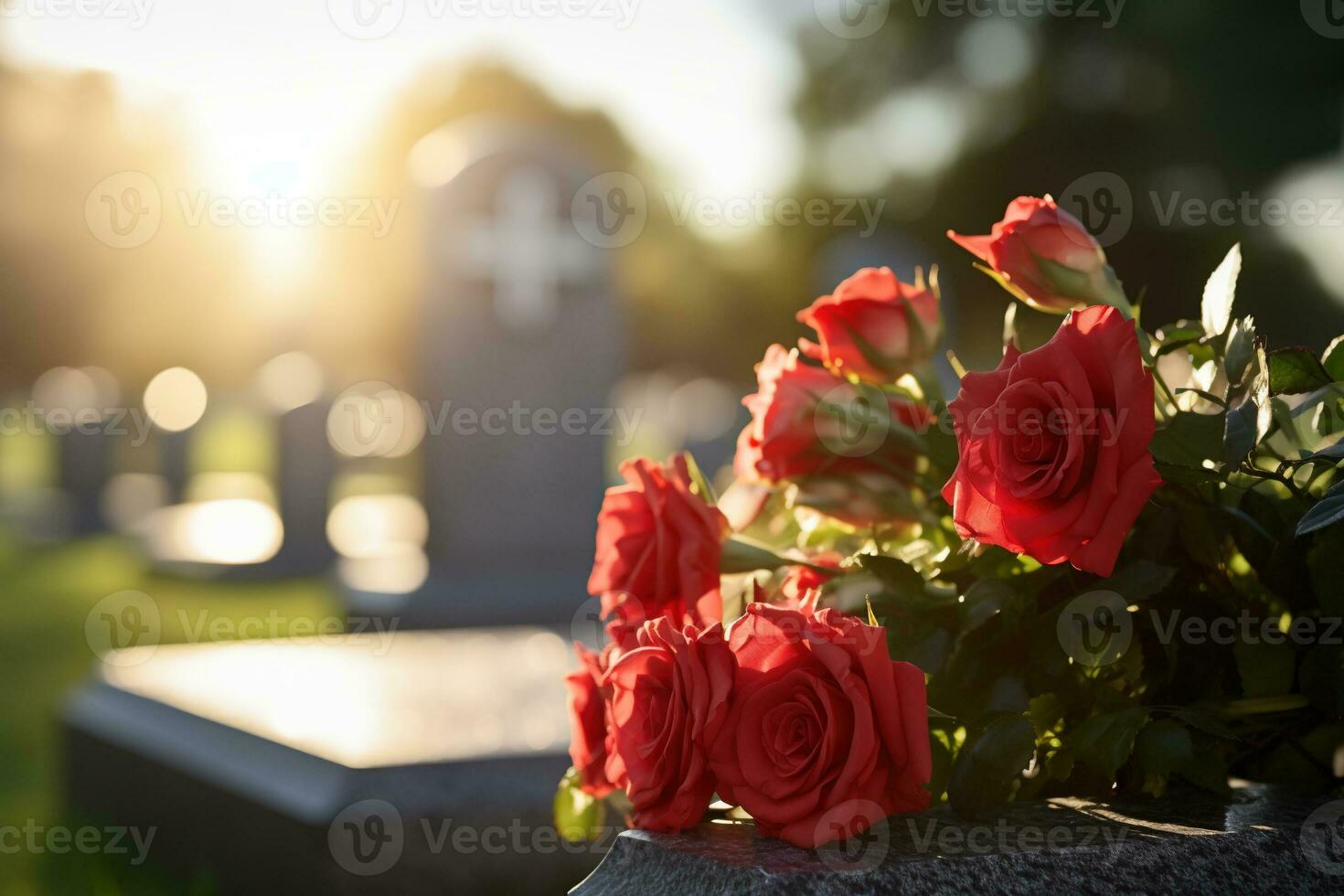 Red roses on a grave at a cemetery during the sunset with copy space AI generated photo