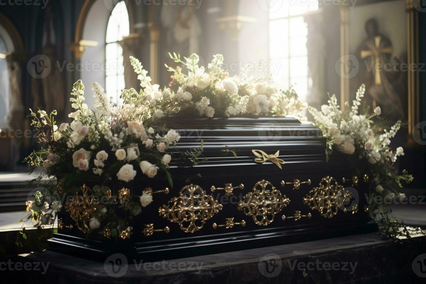 closeup shot of a casket in a hearse or chapel before funeral or burial at cemetery AI generated photo