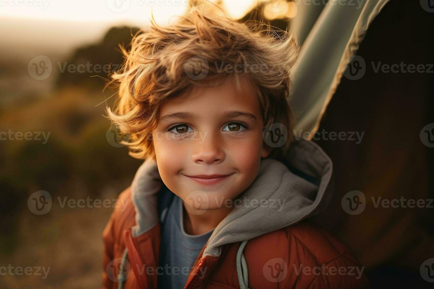 Portrait of a cute boy looking at camera while near his tent in nature AI generated photo