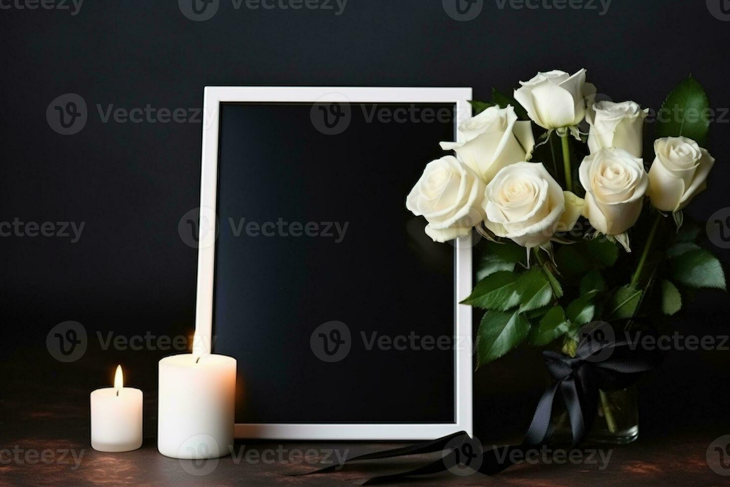 White roses with ribbon and photo frame on black background.Funeral Concept AI generated