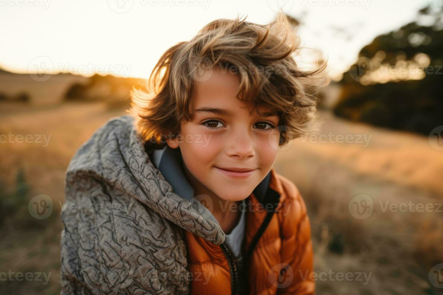 Portrait of a cute boy looking at camera while near his tent in nature AI generated photo