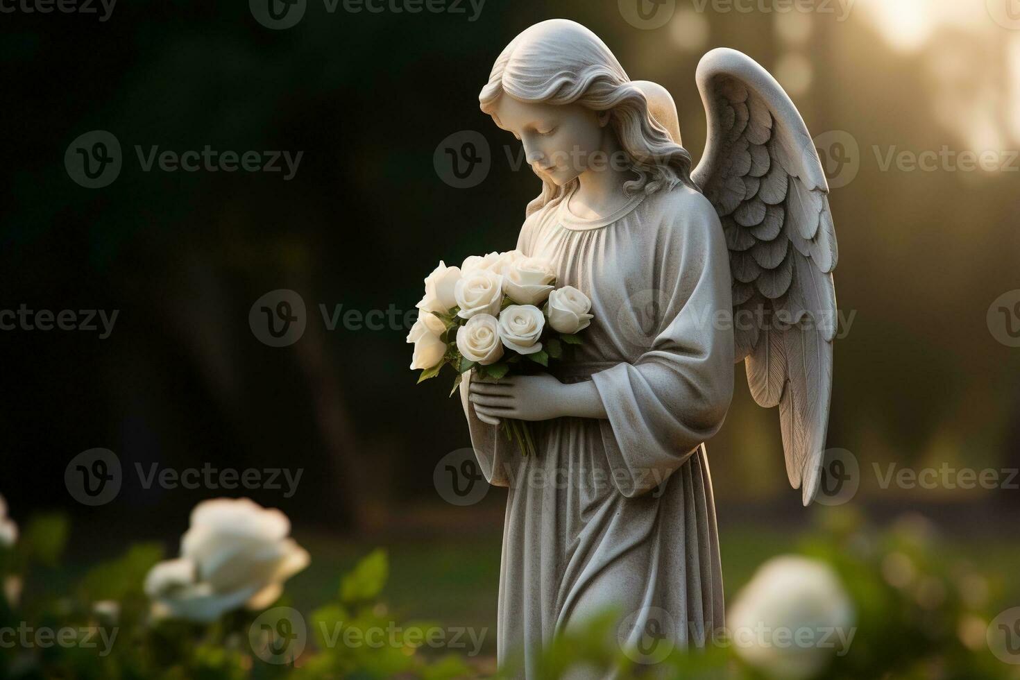 Angel statue with white roses in the cemetery.Religious background AI generated photo