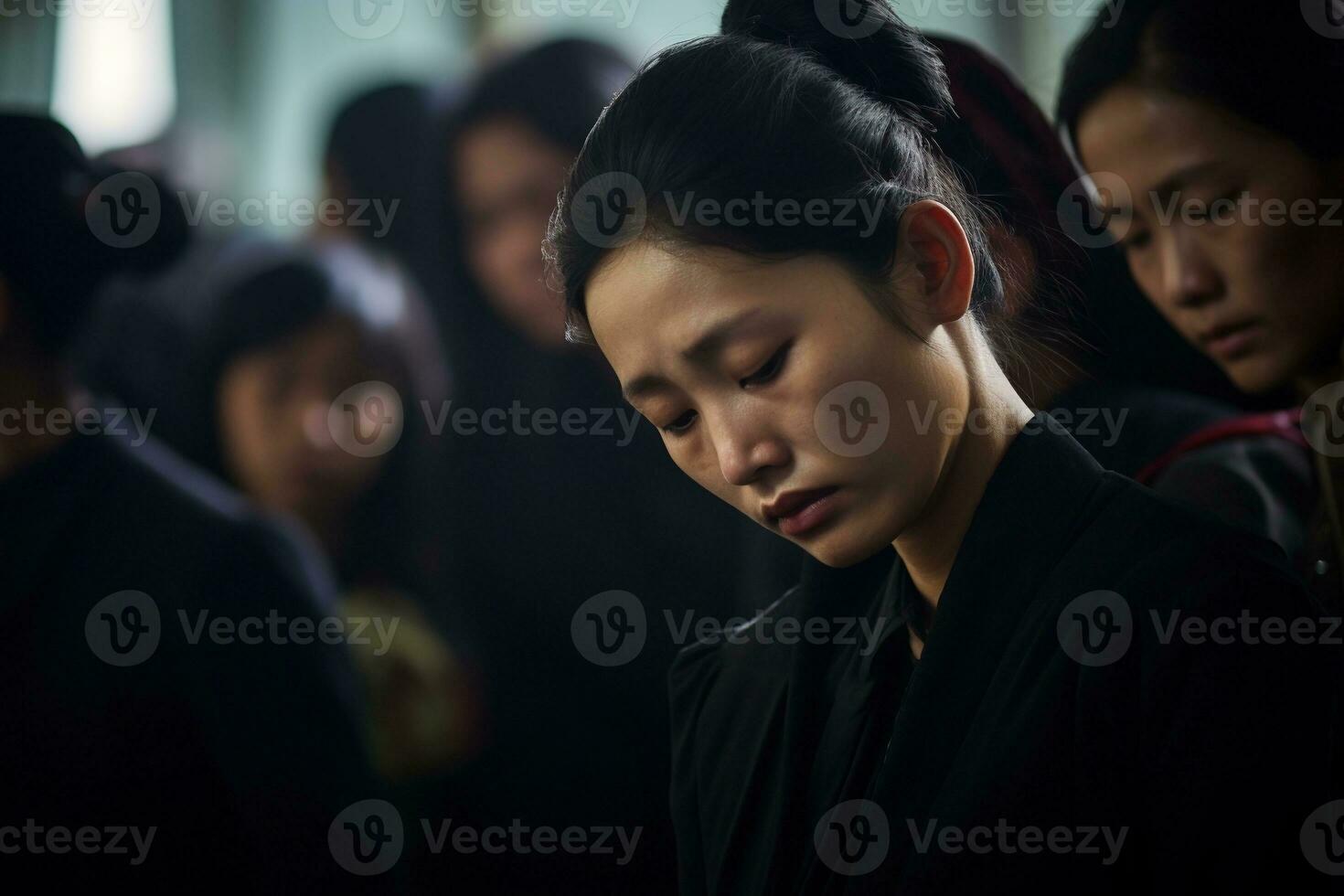 Asian woman in mourning at a funeral, shallow depth of field.Funeral Concept AI generated photo