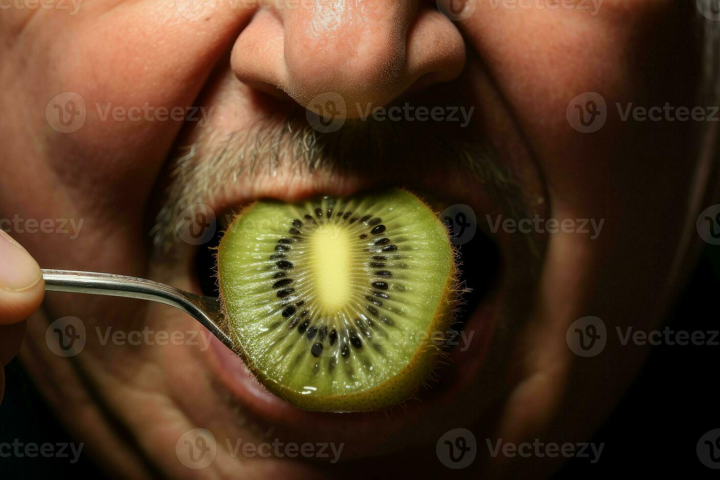 Man eating fresh kiwi with spoon. Generate Ai photo
