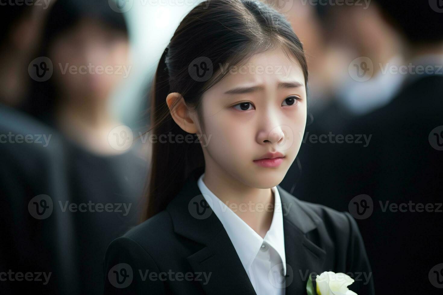 Portrait of a little asian girl with in the cemetery,Funeral Concept AI generated photo