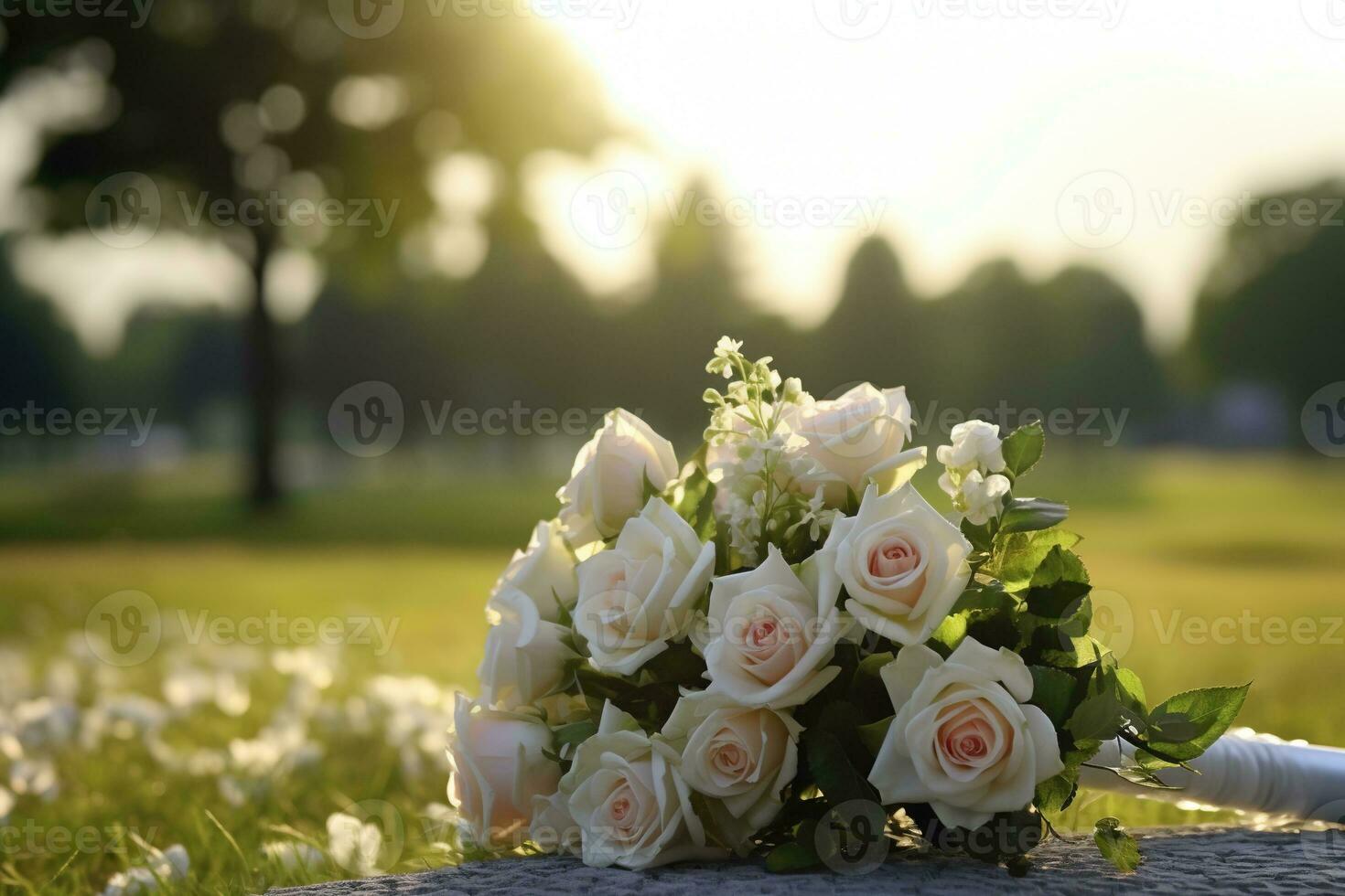 white flowers in front of a gravestone at a cemetery with sunset.Funeral Concept AI generated photo