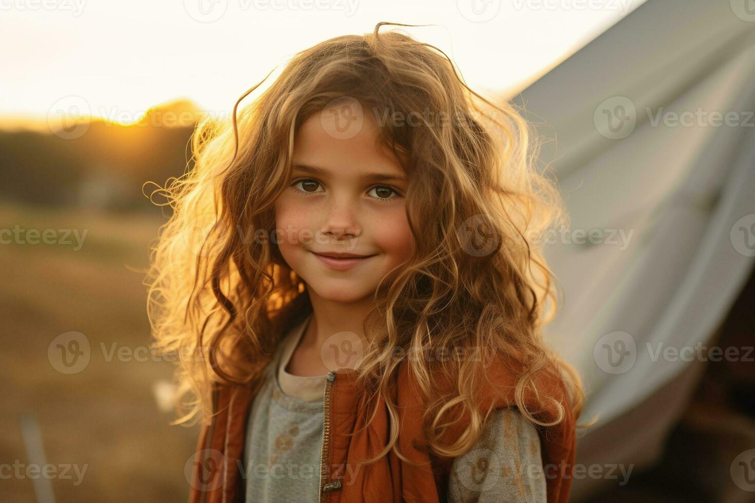 retrato de linda pequeño niña a cámara mientras en pie cerca cámping tienda a puesta de sol ai generado foto