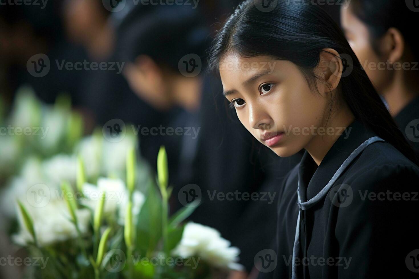Portrait of a little asian girl with in the cemetery,Funeral Concept AI generated photo