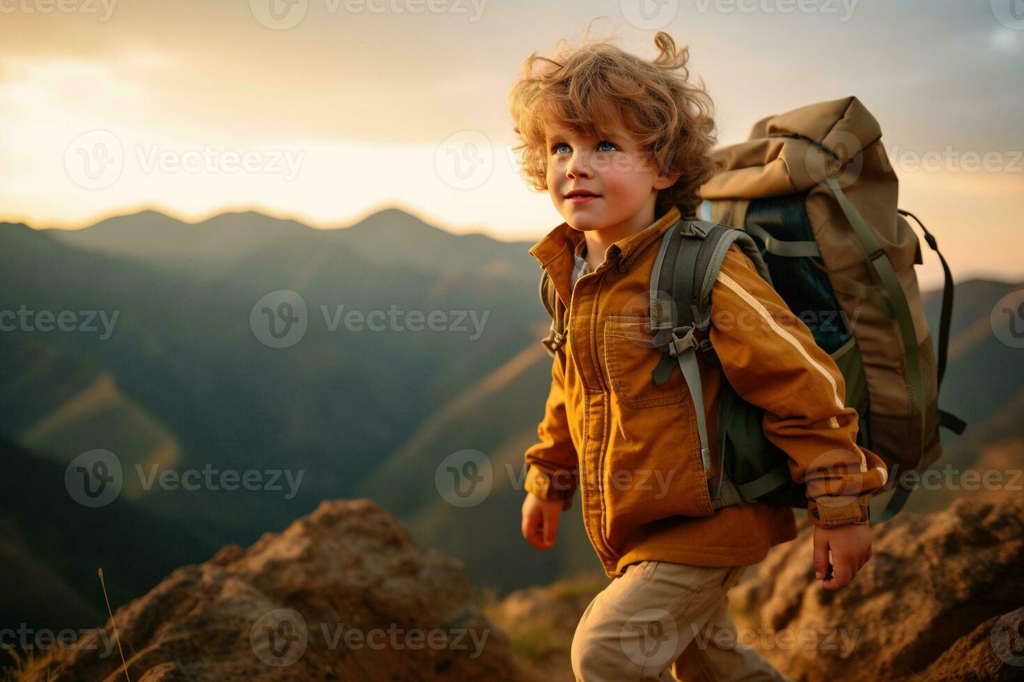 Adorable little boy with backpack hiking in mountains at sunset. Travel and active lifestyle concept AI generated photo