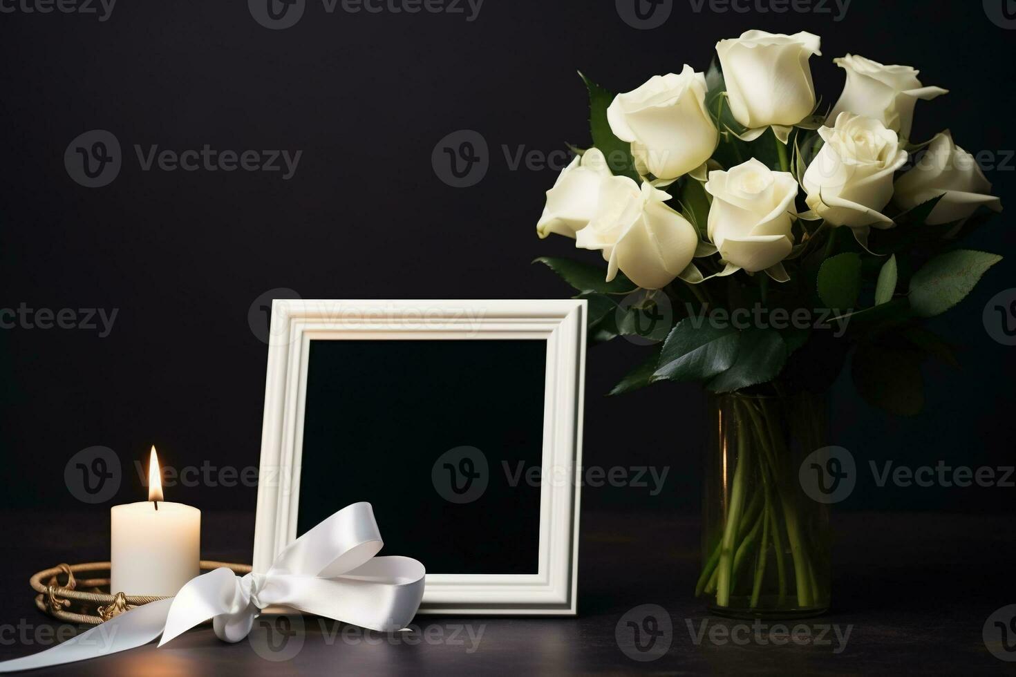 White roses with ribbon and photo frame on black background.Funeral Concept AI generated