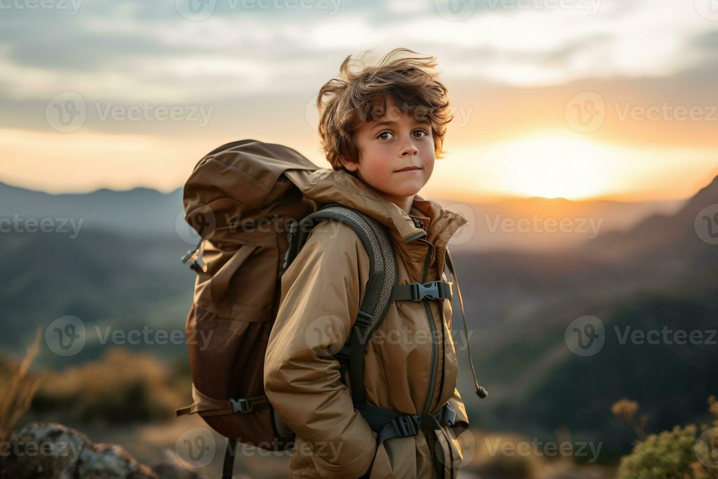 adorable pequeño chico con mochila excursionismo en montañas a puesta de sol. viaje y activo estilo de vida concepto ai generado foto