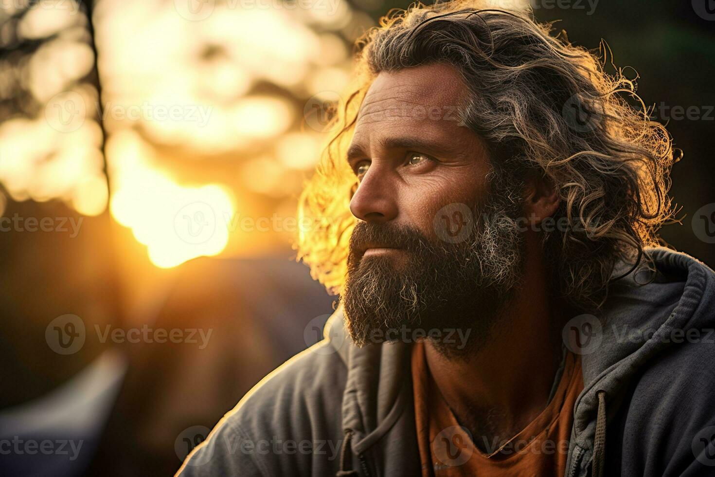 Portrait of man looking at camera while near camping tent at sunset AI generated photo
