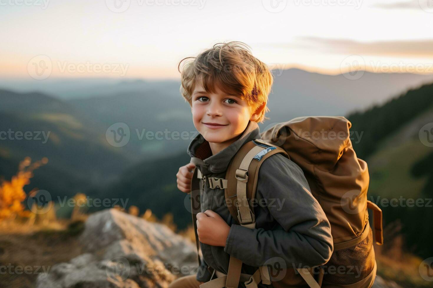 Adorable little boy with backpack hiking in mountains at sunset. Travel and active lifestyle concept AI generated photo