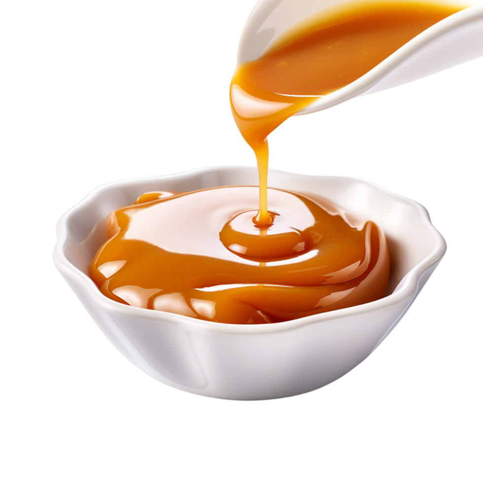 Pouring caramel sauce in a glass bowl Ai Generative png