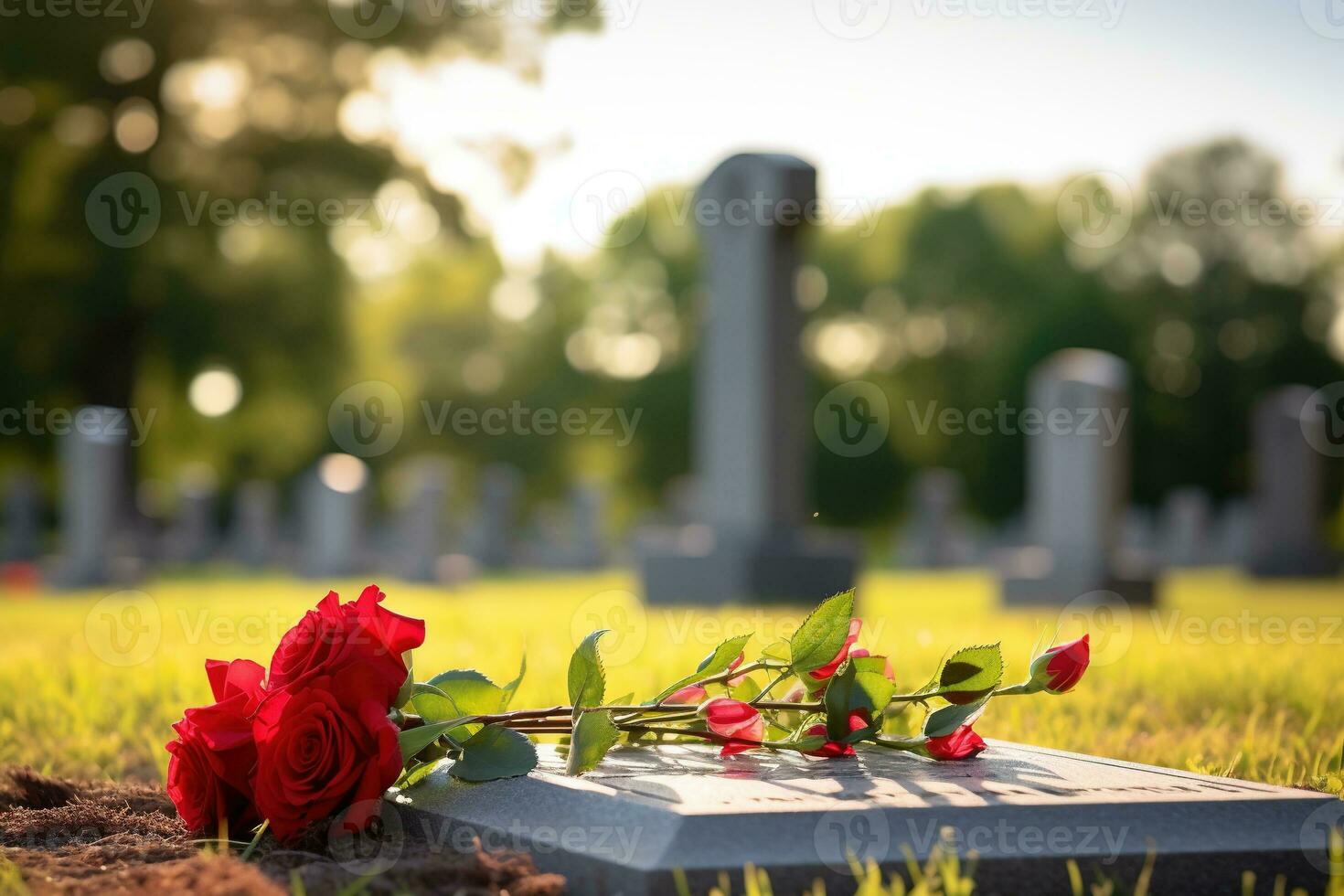 Red roses on a grave at a cemetery during the sunset with copy space AI generated photo