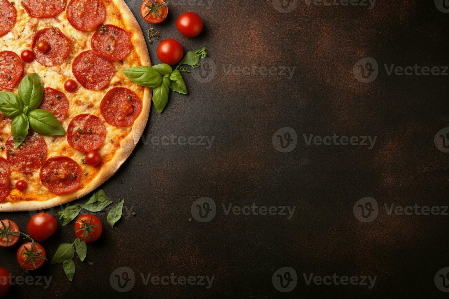 pepperoni Pizza en un oscuro antecedentes. parte superior ver con Copiar espacio. ai generado foto