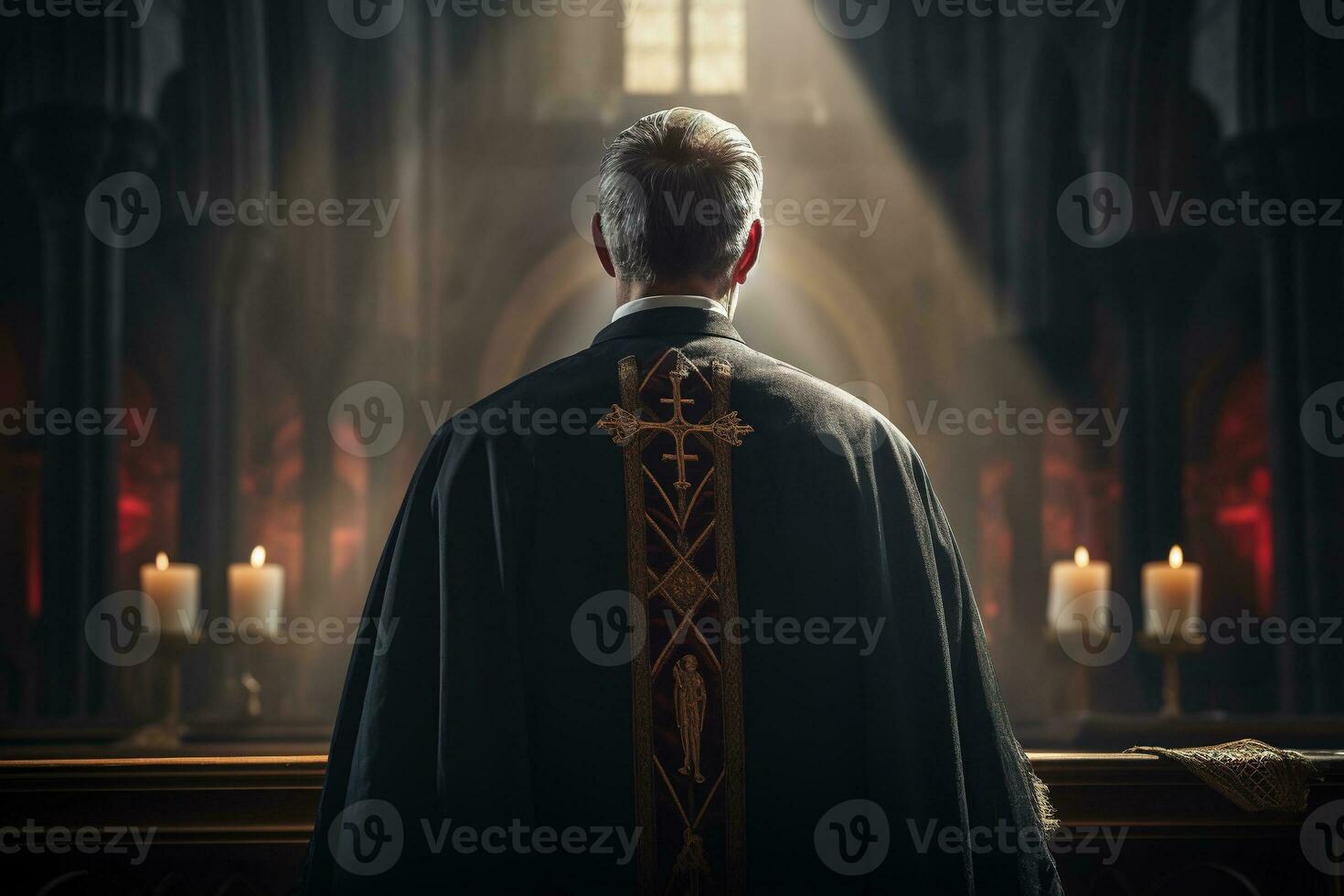 Rear view of priest looking at church interior. Religion concept. AI generated photo