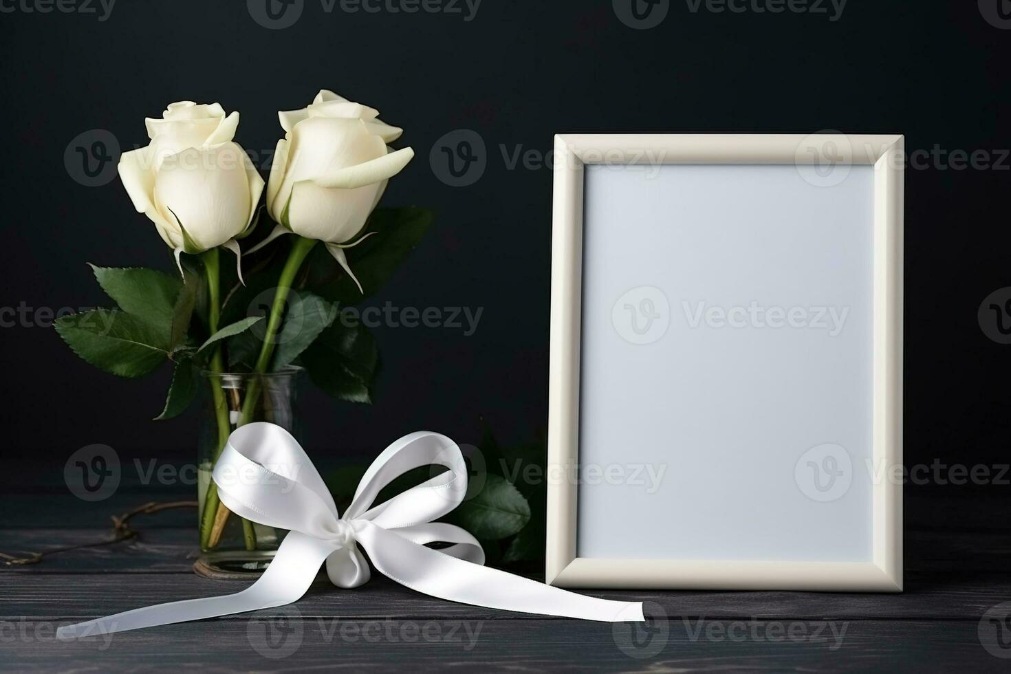 White roses with ribbon and photo frame on black background.Funeral Concept AI generated