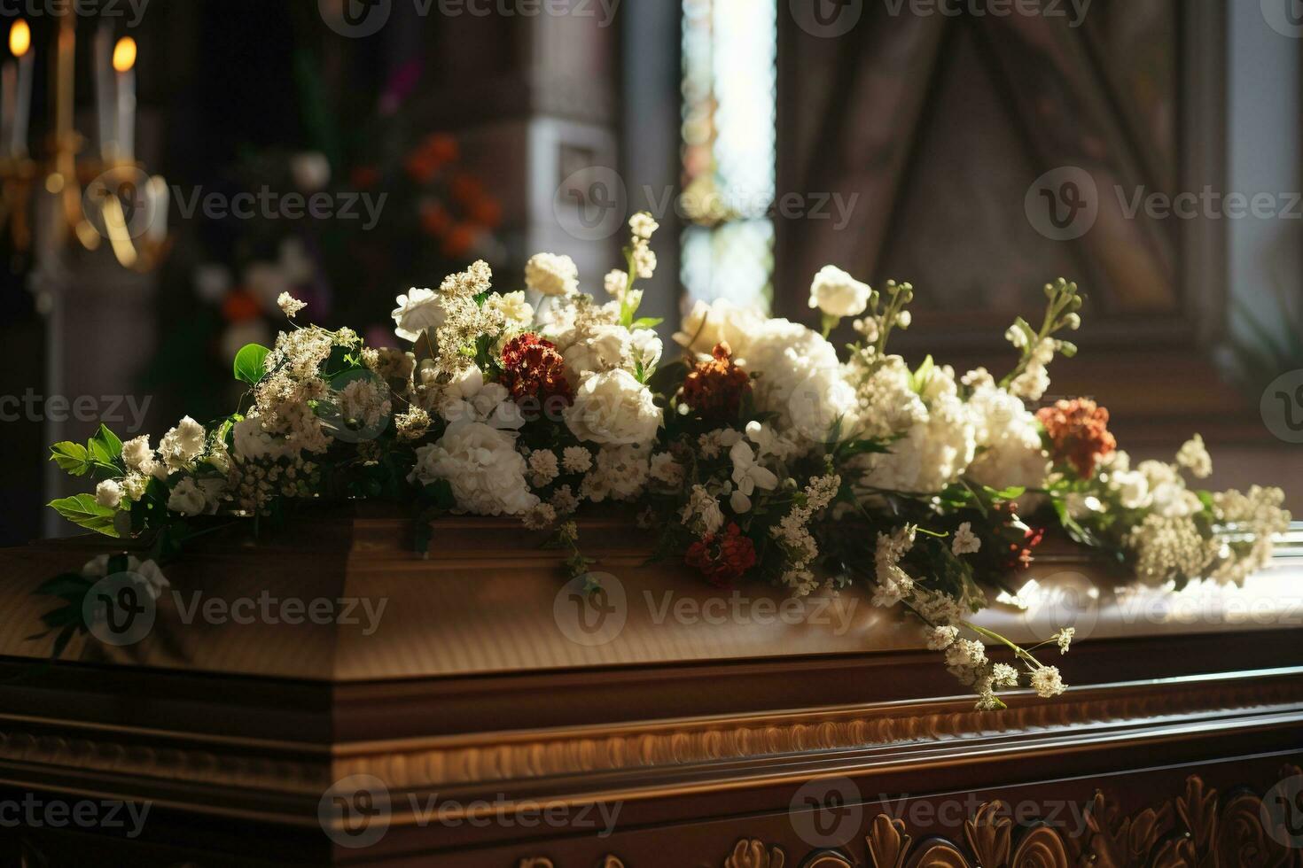 Beautiful flowers in a coffin at a funeral AI generated photo