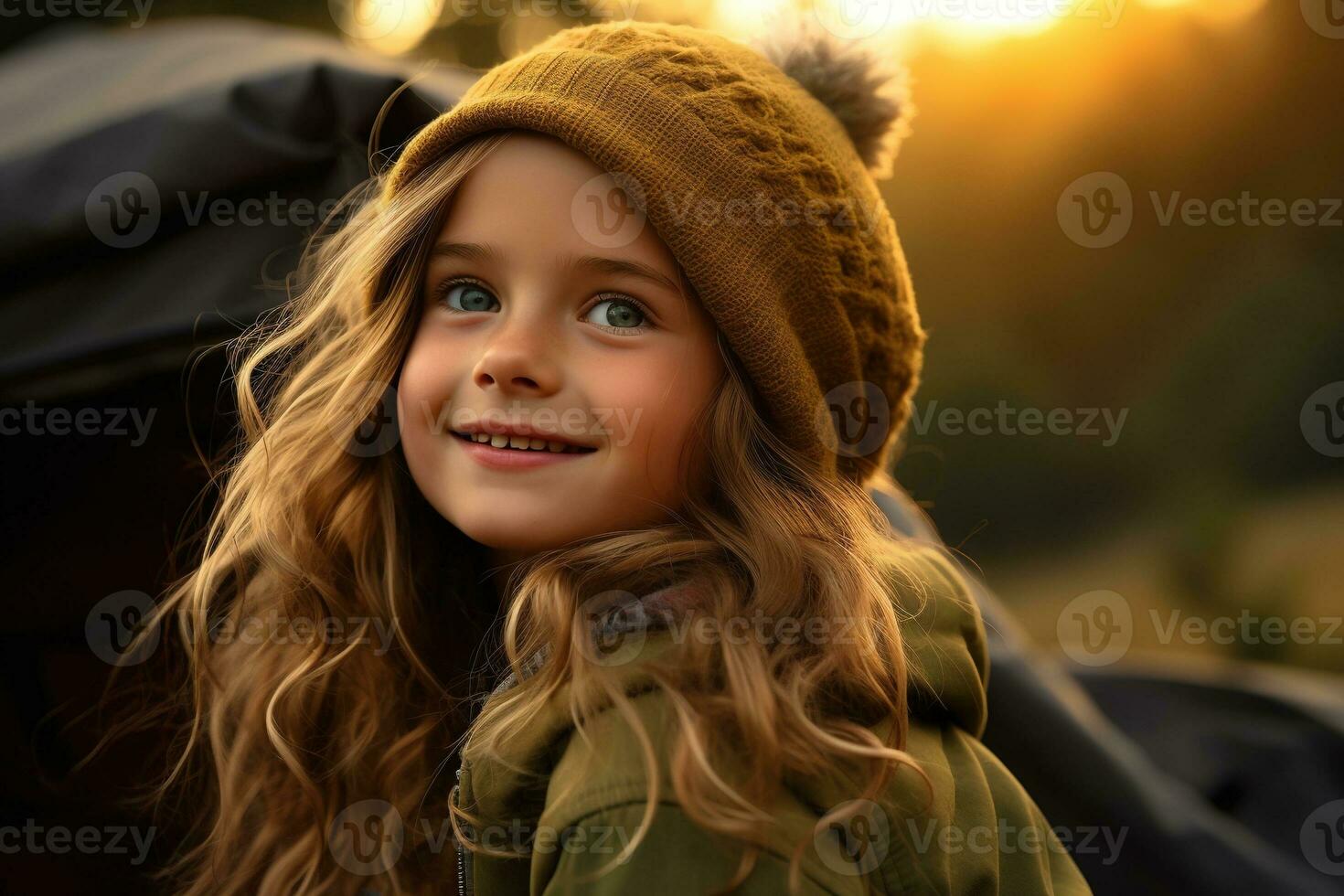 Portrait of cute little girl at camera while standing near camping tent at sunset AI generated photo