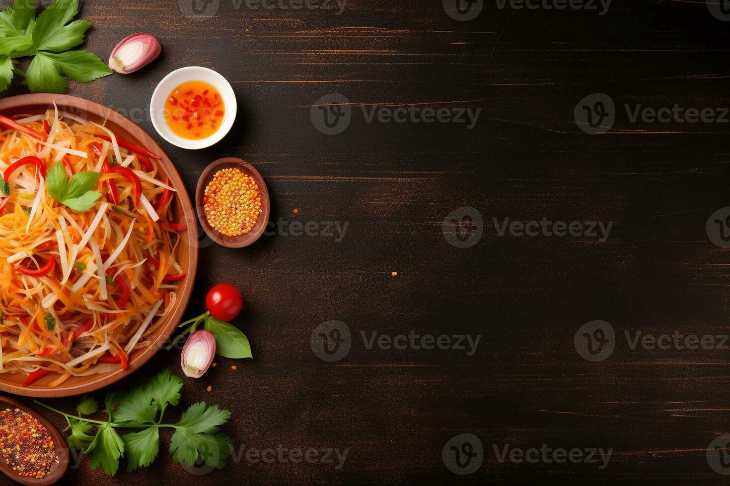 Thai food Som tum, Spicy green papaya salad.Top view AI generated photo