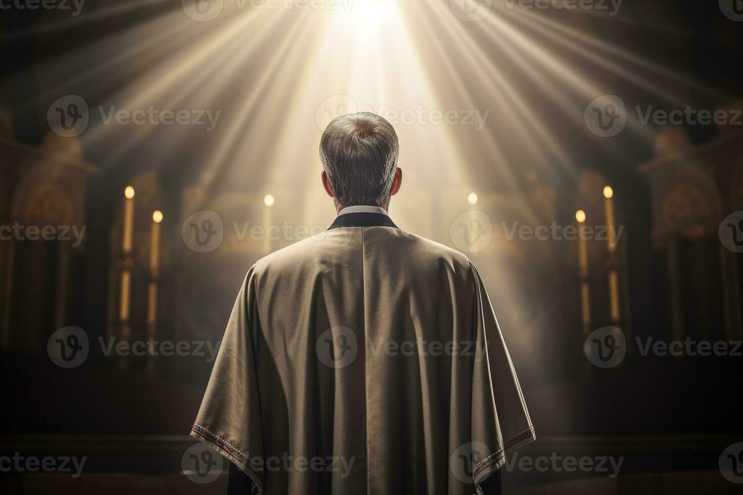 Rear view of priest looking at church interior. Religion concept. AI generated photo