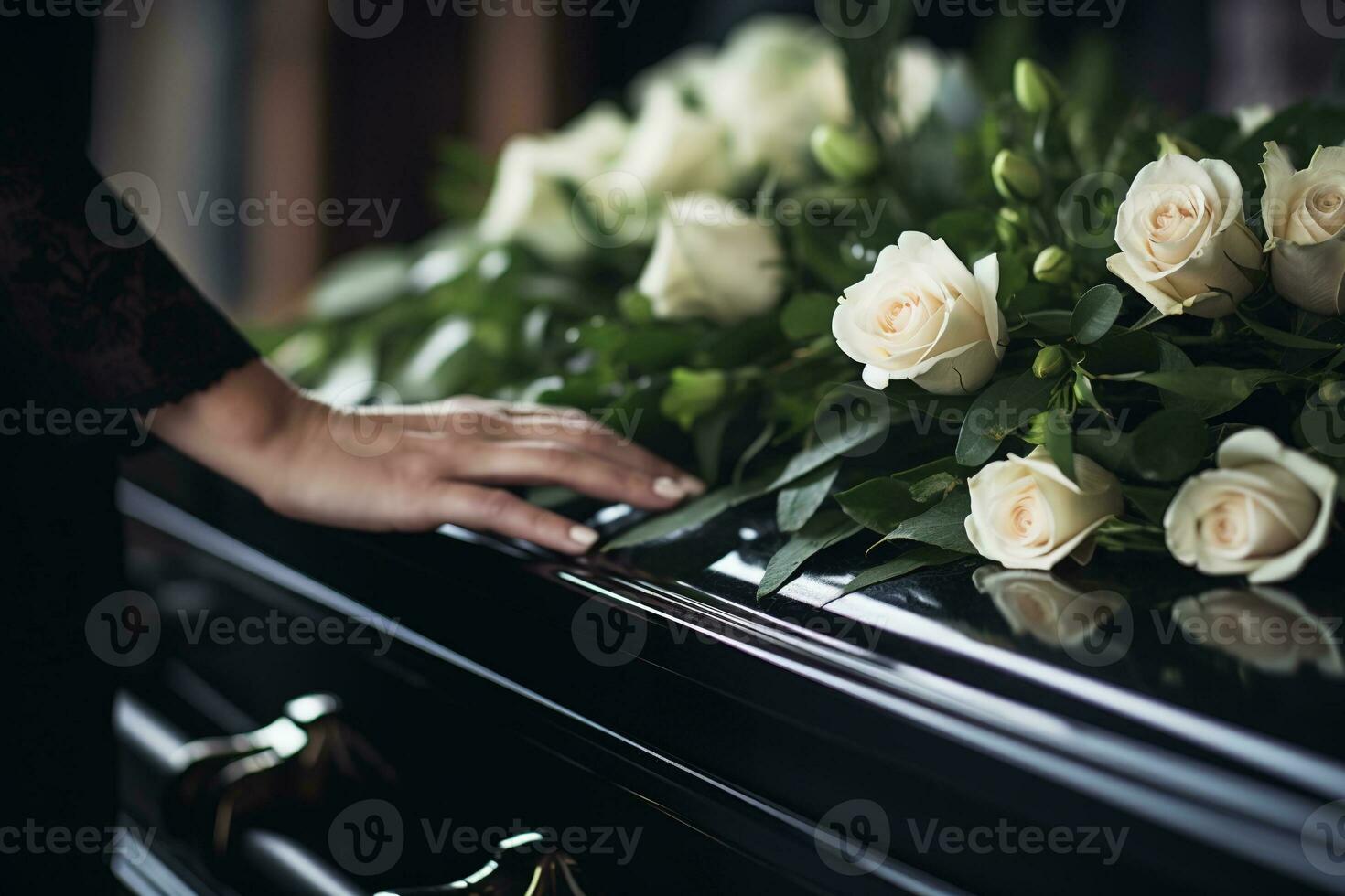 Closeup of a woman's hand placing a bouquet of white roses in a coffin.Funeral Concept AI generated photo