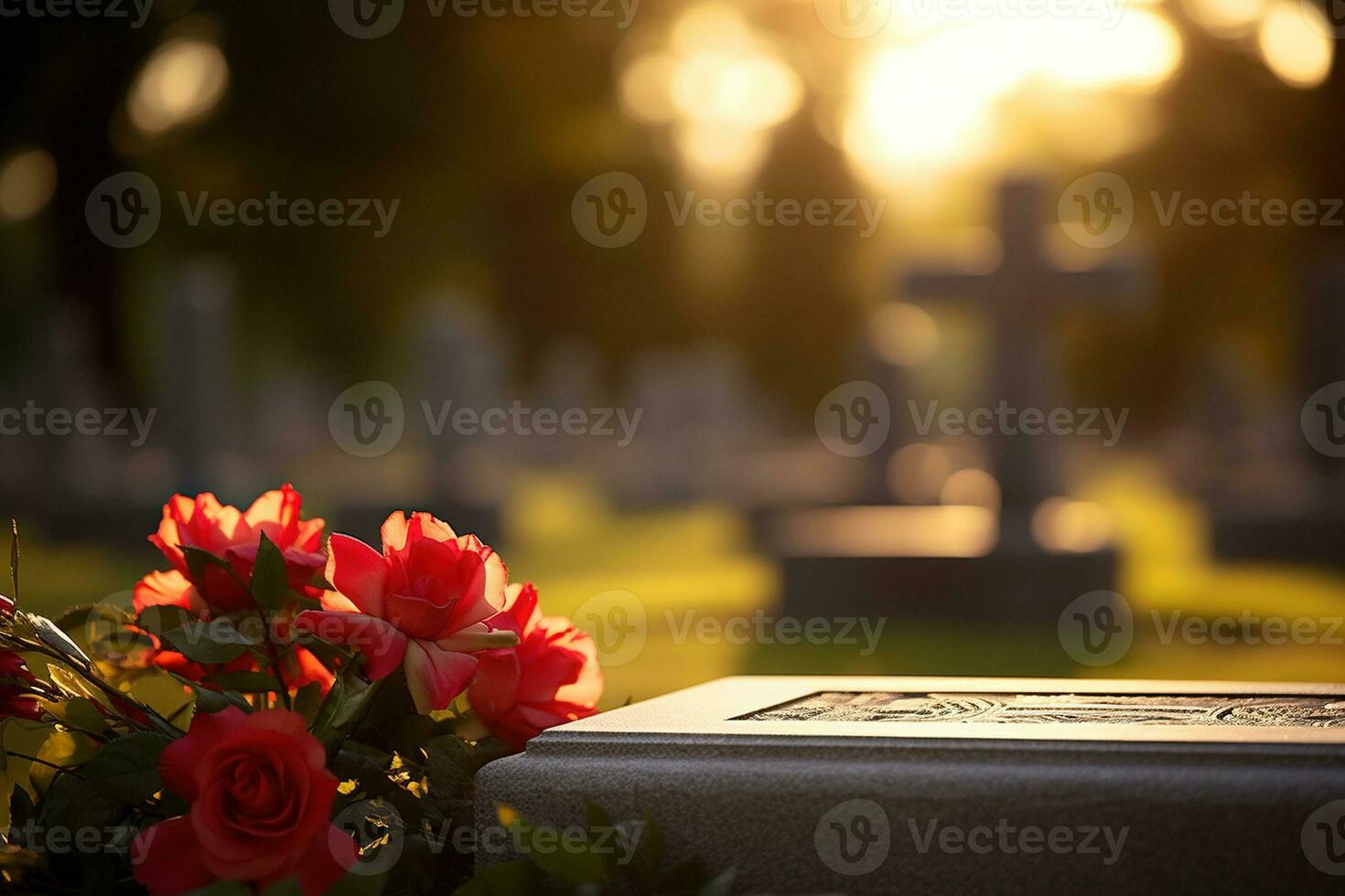 Red roses on a grave at a cemetery during the sunset with copy space AI generated photo