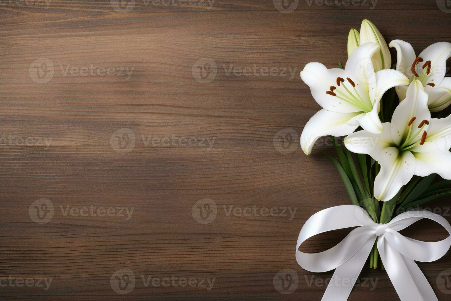 White lily flowers on wooden background. Top view with copy space.Funeral Concept AI generated photo